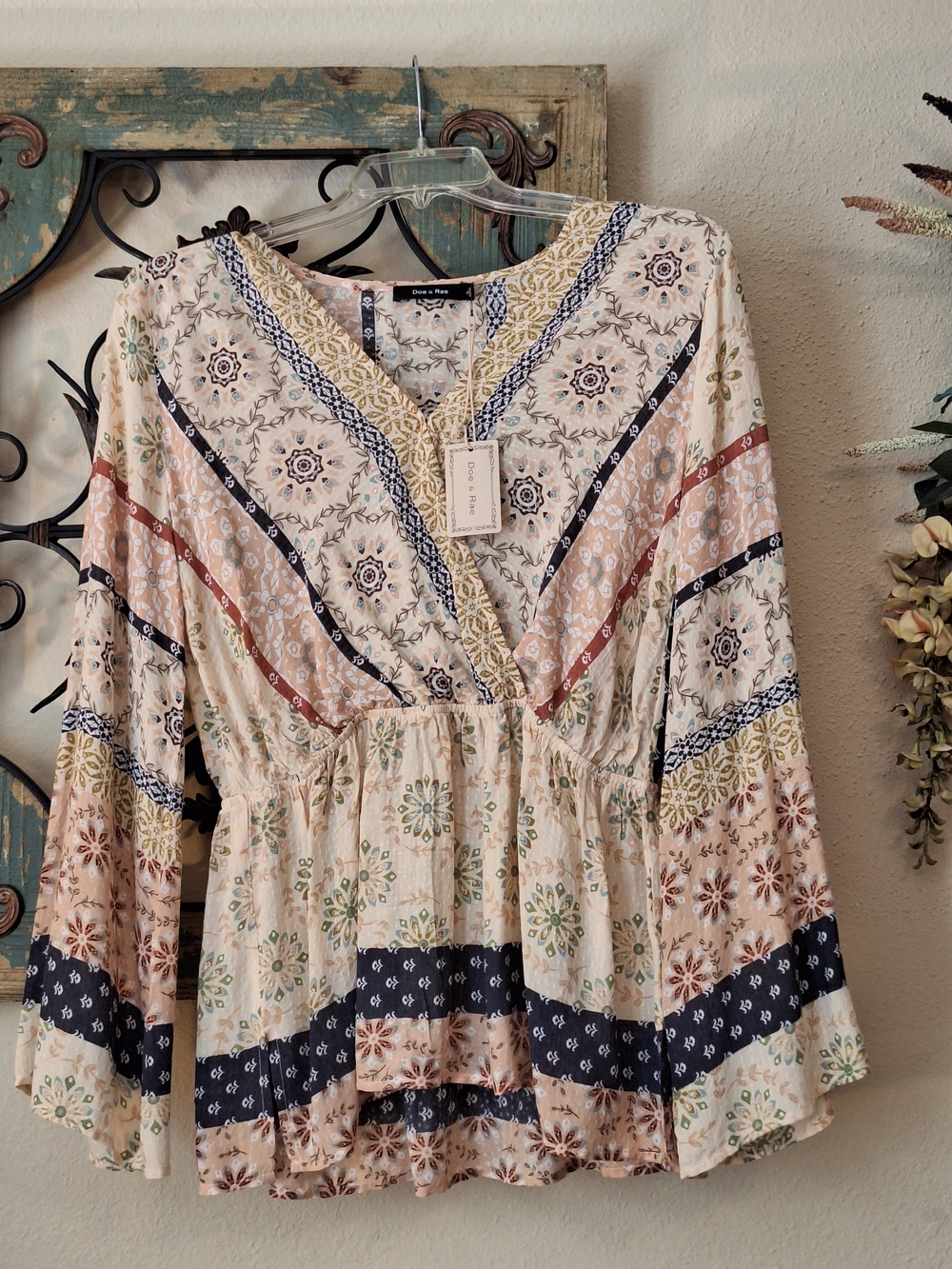 Doe & Rae Cream Floral Patchwork Peasant Tunic with Navy & Blush Accents. Large